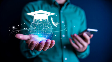 Person presenting glowing globe with graduation cap hologram symbolizing global e-learning and digital education platforms