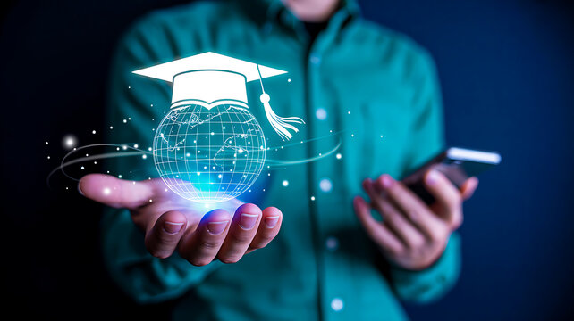 Person presenting glowing globe with graduation cap hologram symbolizing global e-learning and digital education platforms