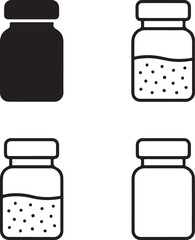 Isolated Spice Jar Icons black vector set, kitchen seasoning containers icons, culinary herbs jar symbols, minimal outline filled thin stroke, cooking flavor vector design isolated symbols
