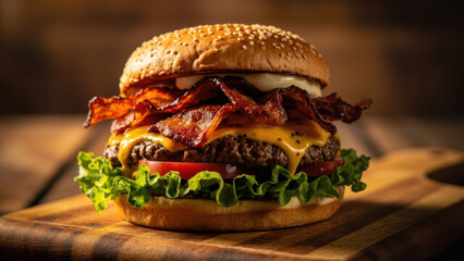 Delicious bacon cheeseburger with fresh ingredients on a wooden cutting board
