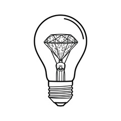 Black outline of a light bulb containing a faceted diamond on white background jewel idea
