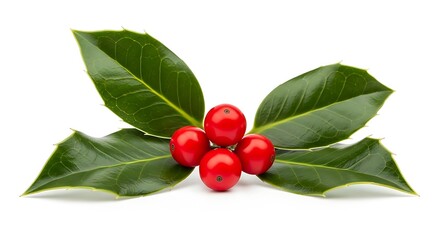 A close-up studio shot of a sprig of holly with five bright red berries and dark green leaves on a white background.