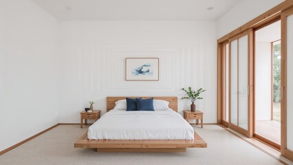 A minimalist bedroom with a wooden bed frame, white bedding, and large sliding glass doors leading to an outdoor space.