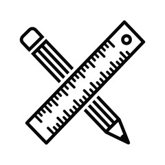 Black outline of pencil and ruler crossed on white background measuring drawing
