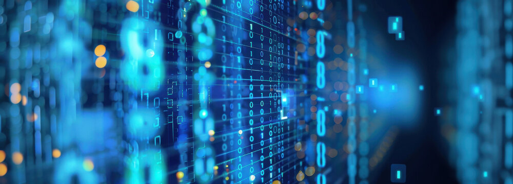 Digital Matrix: An abstract and visually stunning depiction of digital code, forming a matrix of data flow, illuminated in mesmerizing shades of blue. - Powered by Adobe