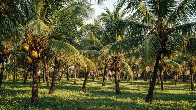 Tropical palm trees in a lush green plantation or orchard setting.