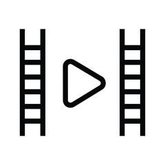 Black play button icon with film strip borders on white background video icon movie