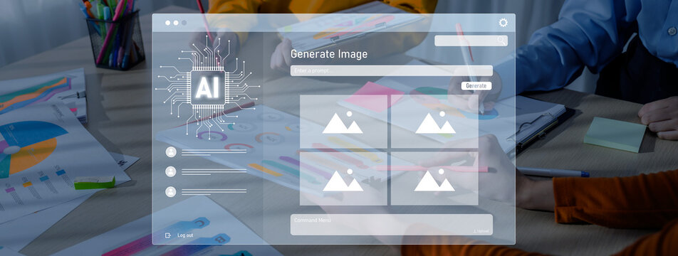 A modern workspace showcases innovative AI technology for image generation, with a focus on team collaboration and colorful design elements in action. Trope