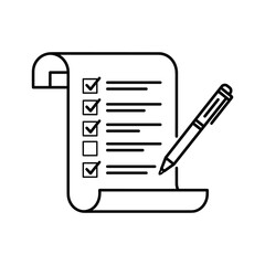 Checklist with pen and completed items black and white line art to do list task list