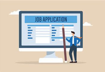 Flat illustration of businessman hold pencil filling in job application form on computer
