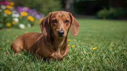 Dachshund puppy lying on grass in a garden, with colorful flowers and trees in the background. A cute dog in a natural outdoor setting.