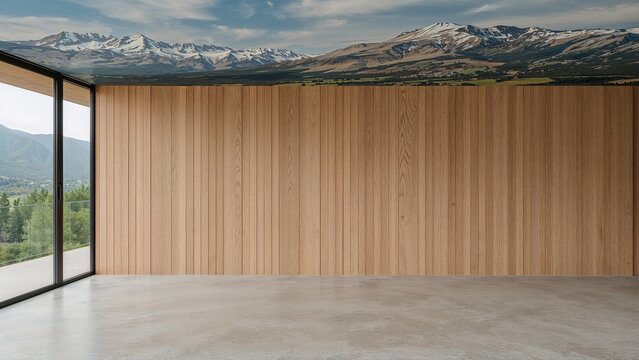 Wooden wall interior with mountain scenery visible through large glass window. Minimalist design and natural view. Modern architecture and landscape.