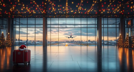 Sunset View From Airport Terminal With Christmas Decorations and an Approaching Airplane