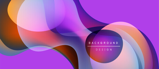 Abstract fluid shapes overlap, creating vibrant purple, orange hues. Text reads background design over soft gradient. Modern aesthetic.