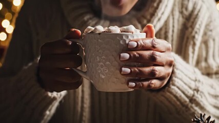 Close-up highlights comfort of holding steaming cocoa, cup topped with melting marshmallows, holiday table spread with chocolate shavings, cinnamon sticks, pine cones, and Christmas decorations. - Powered by Adobe