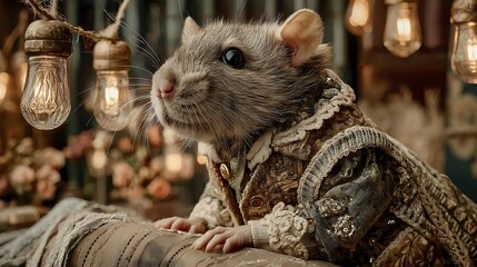 A dressed rat in vintage clothing a whimsical portrait with antique lighting creating a unique and charming character illustration
