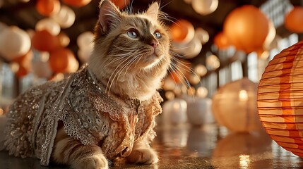 Elegant snowshoe cat wearing a lace dress lying indoors with blurred background a whimsical and stylish pet portrait