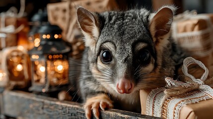 Sugar glider with big eyes surrounded by Christmas gifts and lanterns festive holiday scene cozy and heartwarming atmosphere