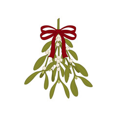 Classic Christmas mistletoe with green leaves and white berries, tied with a festive red ribbon bow.