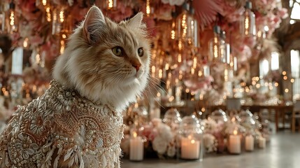 Elegant ginger cat in ornate attire posing amidst a romantic floral and candlelit setting perfect for luxury pet lifestyle concepts
