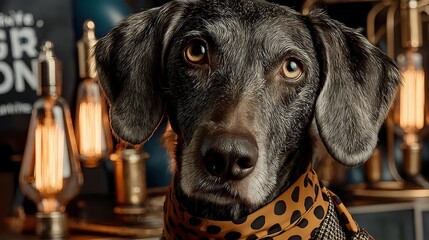Portrait of a distinguished Weimaraner dog wearing a stylish scarf posing in front of vintage Edison bulbs for a sophisticated pet product adverti