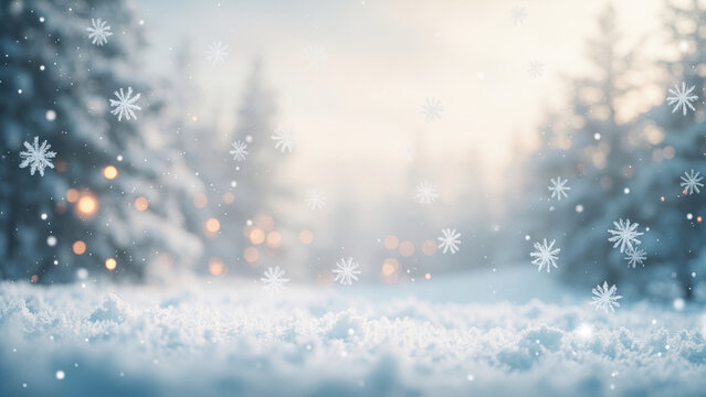 Winter wonderland scene with falling snowflakes and snow-covered trees