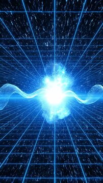 Extreme slow motion visualization of a complex quantum probability wave function collapsing and reforming in a blue-lit theoretical space analysis, concept, looping