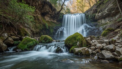 A waterfall in a forested area with moss-covered rocks and flowing water. Nature and scenery, concept. Waterfall and stream. The concept of natural landscapes and tranquility