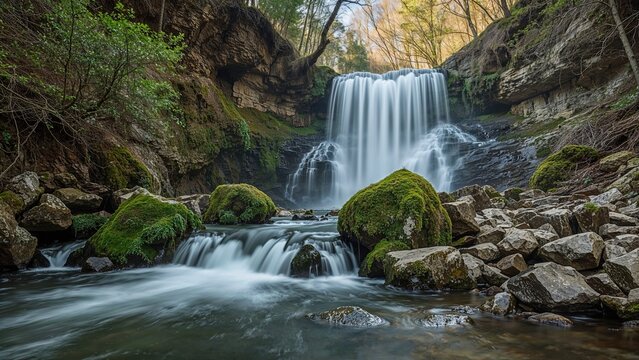 A waterfall in a forested area with moss-covered rocks and flowing water. Nature and scenery, concept. Waterfall and stream. The concept of natural landscapes and tranquility