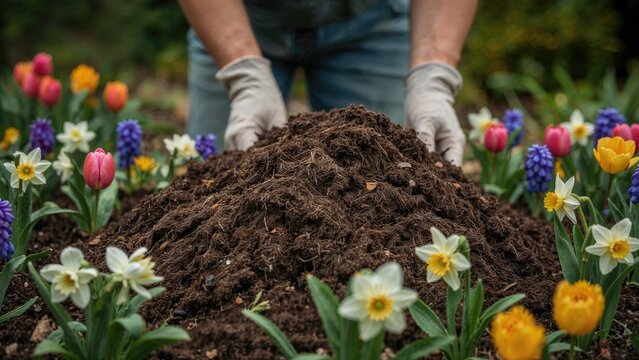 Person planting flowers in soil during gardening, surrounded by colorful blooms and greenery. - Powered by Adobe