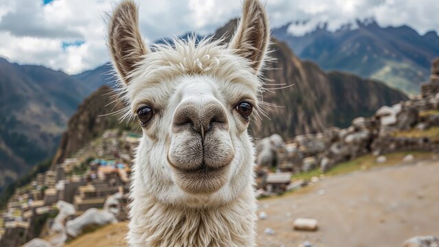 Close-up of a llama with mountains and village in the background. Scenic landscape view with animals and nature.