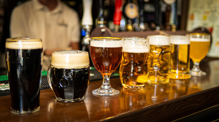 Selection of Craft Beers on a Wooden Bar Counter