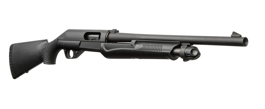 A modern black pump-action shotgun isolated on a clean white back