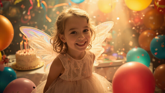 Young girl in fairy costume smiles at her birthday party with cake and balloons