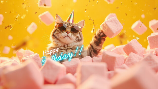 Cat celebrates birthday with sunglasses, party hat, and marshmallows