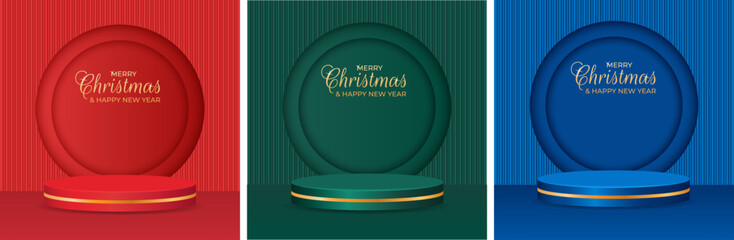 Set of festive Christmas and New Year's shop window backdrops featuring a 3D podium and gold text. Vector illustration.