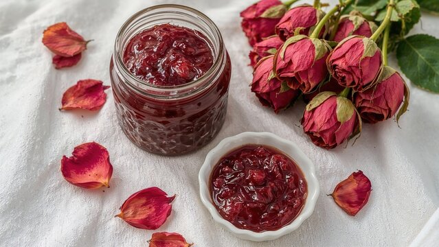 Fresh rose petal jam in a jar with dried roses and petals arranged on a white cloth.
