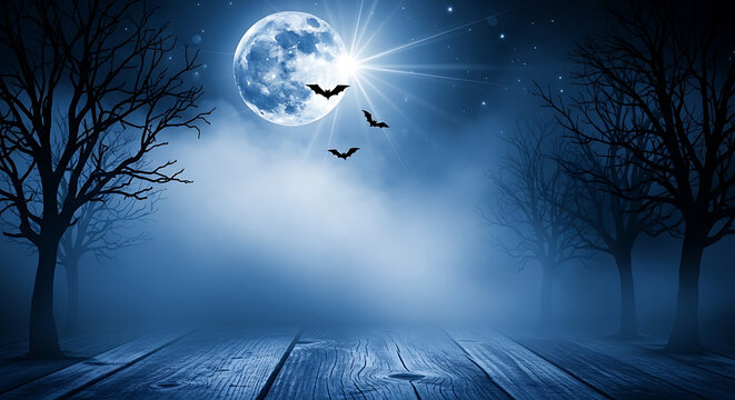 Mysterious full moon night with spooky trees and flying bats