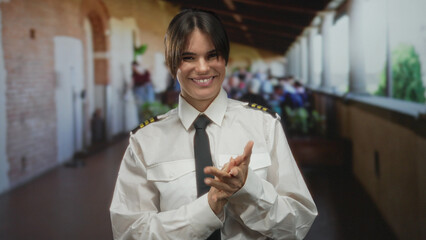 Young woman pilot in uniform clapping on a terrace with city street view in background, smiling and embracing the outdoor urban restaurant atmosphere.