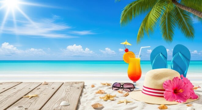 A vibrant tropical beach scene with a refreshing cocktail, sunglasses, a straw hat with a pink flower, and blue flipflops on white sand, overlooking the turquoise ocean under a clear blue sky