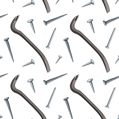 Nail puller and nails. Seamless vector pattern.