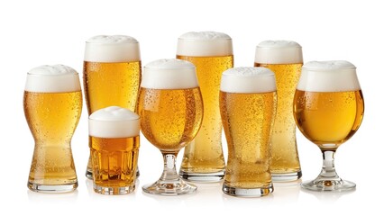 Multiple glasses of beer with frothy tops arranged against a plain white background. Refreshing beverages for social occasions. Cold drinks, celebration, and relaxation.