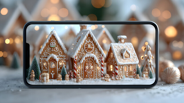 Smartphone with christmas gingerbread house on screen. 3D rendering. New Year and Christmas celebration