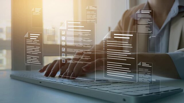 Business productivity checklist and filling survey form.Fast checklist and clipboard task management.Businessman check virtual electronic documents and checklist approve.	