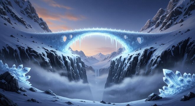 Enchanting Ice Bridge in a Snowy Mountain Landscape.