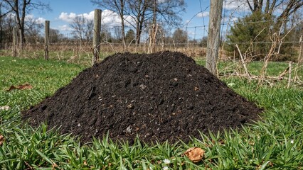 A large pile of soil or compost in an outdoor setting with grass, trees, and a wooden fence, labeled as 1019.