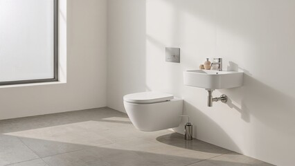 A minimalist bathroom with a wall-mounted toilet and sink, bright natural light, and a large window offering a clean, modern aesthetic.