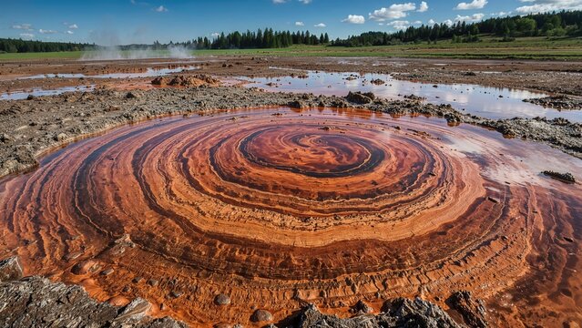 Spiraling mud pool with concentric rings in an open landscape, with water and greenery in the background. Natural geothermal activity and colorful mineral deposits.