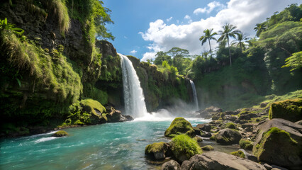 Obraz premium Scenic view of waterfalls cascading into a river surrounded by lush green vegetation and palm trees