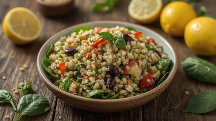 A bowl of couscous salad with fresh vegetables and herbs, served with lemons on a rustic wooden table. Fresh ingredients and healthy eating concept.